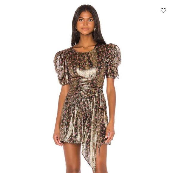 LoveShackFancy Mercy Silk Metallic Gold Floral Puff Sleeve Mini Dress in Size 0 - Picture 1 of 8